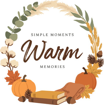 Autumn Fall Quotes Vector Wreath Bundle with Pumpkins, Leaves, Sweater Weather, Cozy Season Typography, and Thanksgiving Floral Frame Illustrations