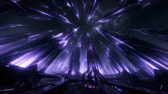 Abstract dark purple glowing digital matrix structure radiating energy outward into space with abstract tech cosmic space sci fi background cyber structure