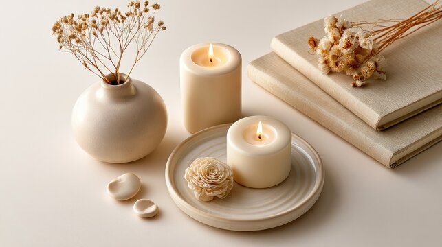 Serene Minimalist Still Life with Candles and Dried Flowers