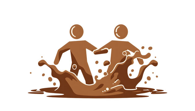 Two brown silhouette figures playing and splashing in mud, dynamic flat vector illustration, isolated on white background