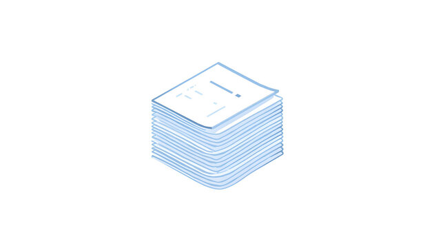 Isometric stack of blue lined paper documents, minimal line art illustration, isolated on white background