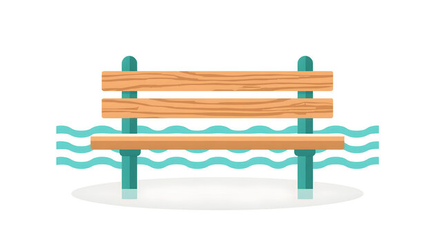 Wooden park bench standing on stylized ocean waves, colorful flat vector illustration, isolated on white background