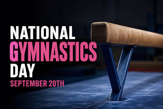 National Gymnastics Day September 20th Promotional Sign with Balance Beam in Gymnasium