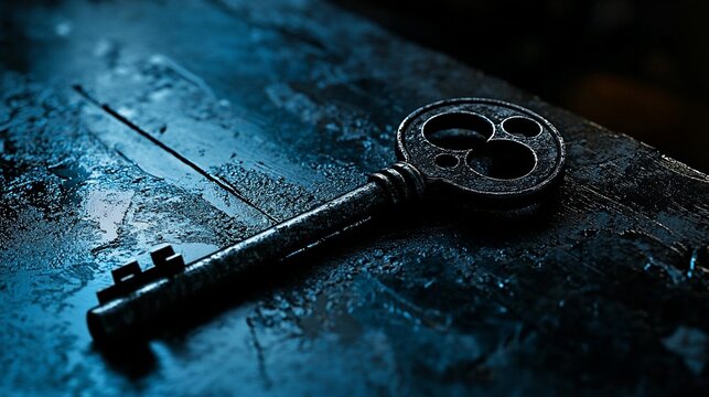 Old skeleton key on dark, wet surface.