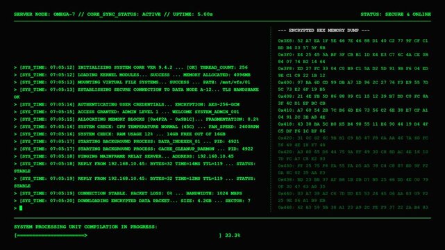 Server node database sync memory hex dump terminal screen.