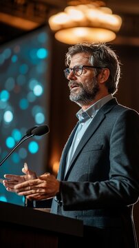 Man in suit giving speech at conference.