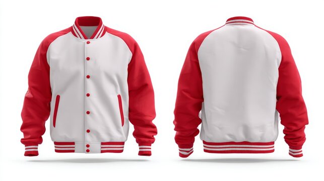 Blank varsity bomber jacket mockup with leather sleeves, front and back view of classic college letterman coat template for apparel design presentation, sportswear branding, fashion clothing customiza