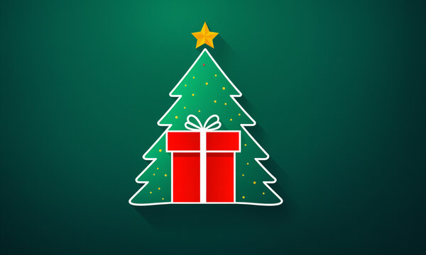 green christmas tree with yellow star and red gift box with white ribbon on dark green surface