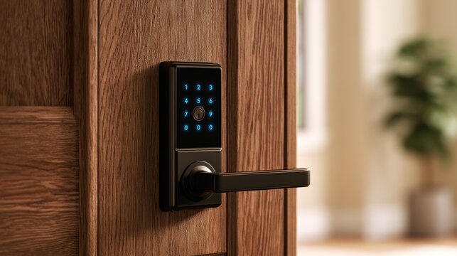 Modern smart electronic door lock with keypad on a wooden door.