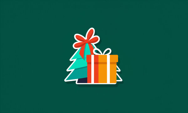 stylized christmas tree with red bow next to orange gift box and white outline on dark green surface