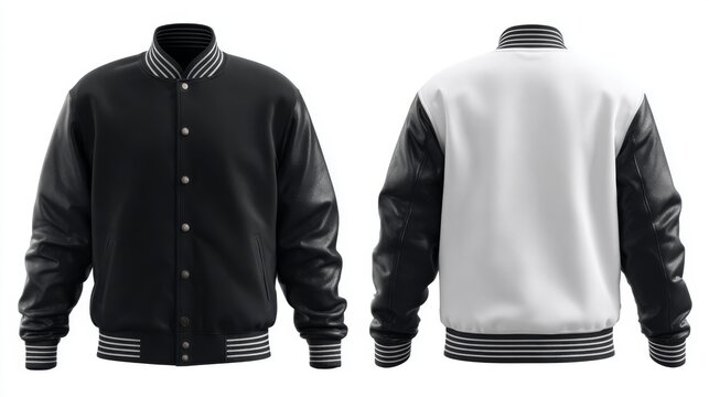 Blank varsity bomber jacket mockup with leather sleeves, front and back view of classic college letterman coat template for apparel design presentation, sportswear branding, fashion clothing customiza