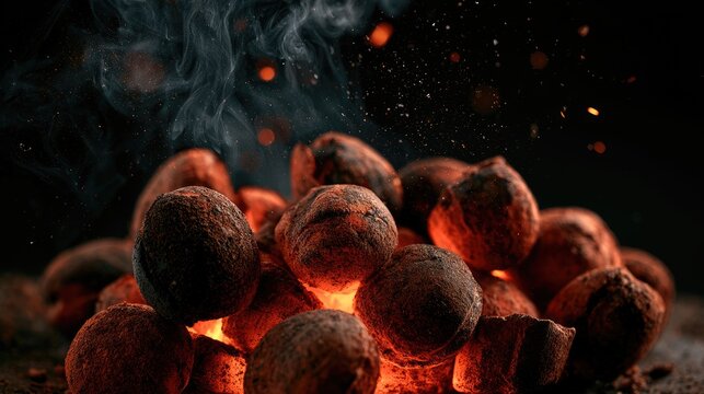 Glowing Hot Charcoal Briquettes Burning for Barbecue.