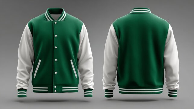 Green and white varsity jacket isolated mockup, classic college letterman jacket template with front view, blank sportswear apparel design for custom branding, fashion presentation, team uniform and c