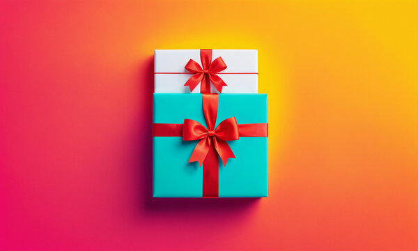 top down view of a large teal wrapped gift box with a red ribbon placed directly below a smaller white present with a matching red bow on a bright yellow and pink gradient surface