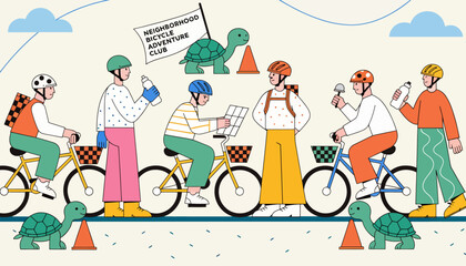 Fototapeta premium Bicycle adventure club, people riding bikes with dinosaurs