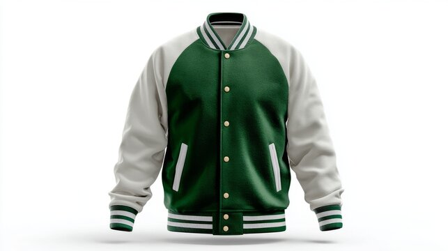 Green and white varsity jacket isolated mockup, classic college letterman jacket template with front view, blank sportswear apparel design for custom branding, fashion presentation, team uniform and c