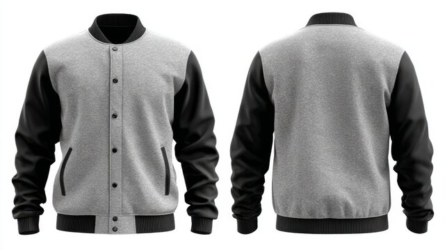 Grey baseball bomber varsity jacket front and back view isolated on white background, classic college letterman sports jacket mockup template for custom branding, team uniform design, apparel presenta