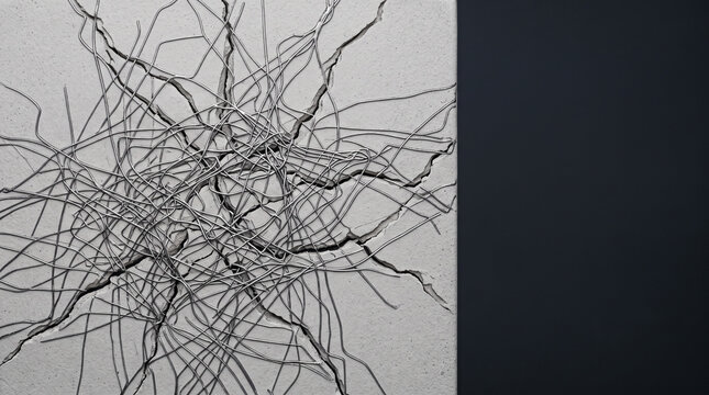 Interlocking network of thin metallic lithium dendrite filaments and jagged crack lines on ceramic block surface, charcoal background, dendrite crack feedback loop science 
