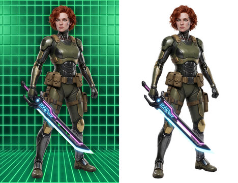 Elite Cybernetic Vanguard holding Glowing Plasma Katana, 3D Female Character Design Split View Asset with Green Tech Grid and Transparent Background