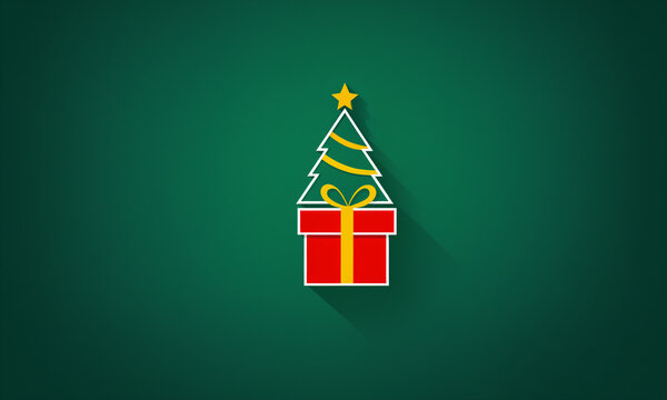 flat minimal illustration of a stylized green christmas tree resting on a red gift box with a yellow ribbon against a dark green background