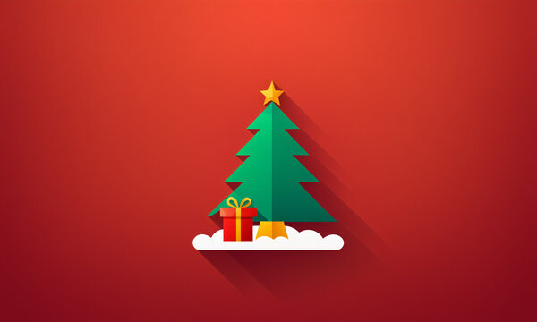 flat layered illustration of a green christmas tree with a yellow star and a red gift box sitting on white snow over a red background