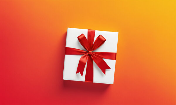 top-down view of a white square gift box with a red ribbon and bow centered on a vibrant orange and red gradient background