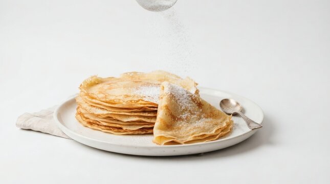 Stack Thin Crepes Folded Quarters Dusting Powdered Sugar Falling Pure White Background

