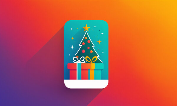 flat rounded card illustration of a green christmas tree and a colorful gift box surrounded by stars on a vibrant gradient background