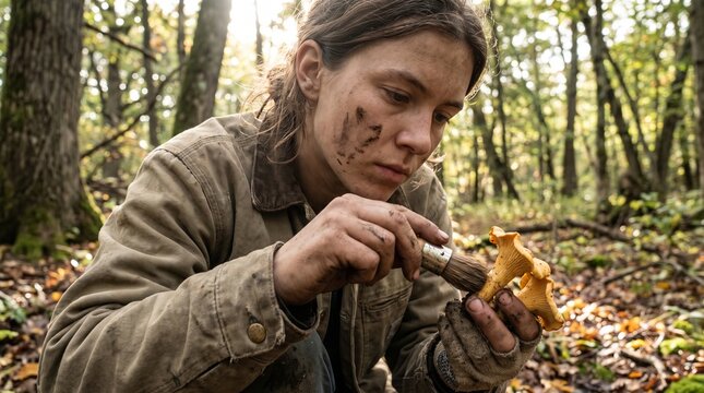 Woman foraging for mushrooms in a forest, cleaning chanterelles with a brush