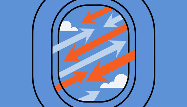 Airplane window view with clouds and arrows