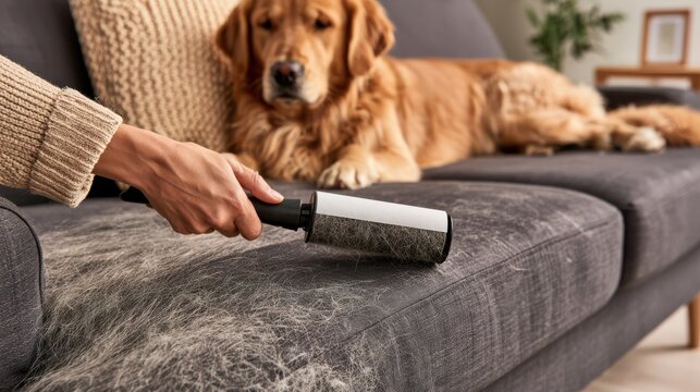 A person removes pet hair from a sofa with a lint roller while a golden retriever rests on the couch in a cozy living room.