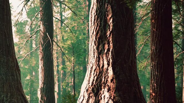 Several tall trees stand in a forest. Sunlight filters through the leaves, creating a bright atmosphere. The bark of the trees shows texture and detail.
