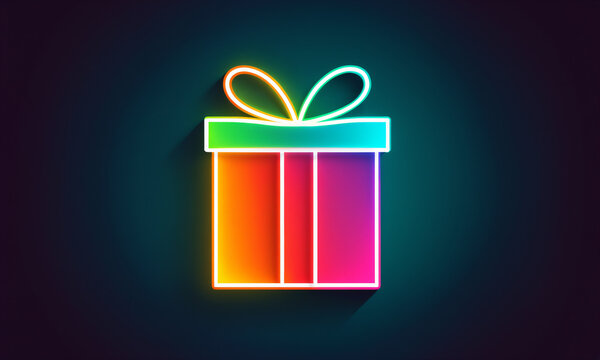 vibrant neon glowing gift box with a golden orange to pink gradient and a cyan lid on a dark background