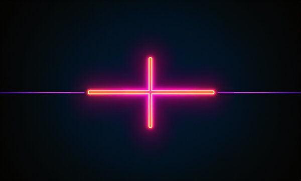 neon plus sign in pink to orange gradient centered on horizontal purple line against dark blue field