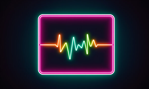 neon electrocardiogram waveform in orange green and white inside pink and cyan rounded square frame on dark field