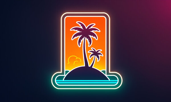 neon outline of two palm trees on island with sun and water inside orange yellow frame on dark purple field