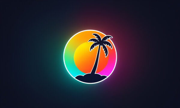 black palm tree silhouette on colorful gradient sun circle with white outline on dark background