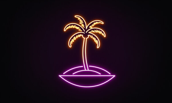 neon glowing minimalistic illustration of a golden palm tree on a vibrant pink island on a dark background