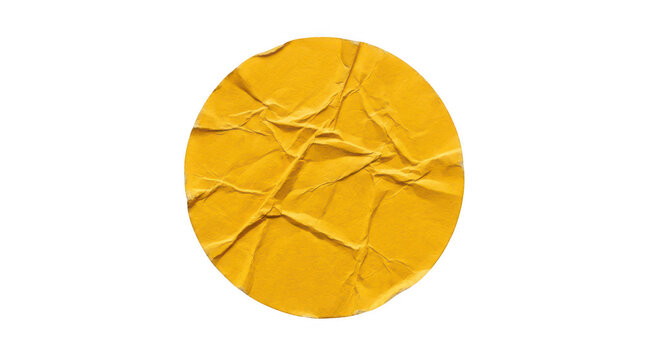 Crumpled yellow sticker mockup, wrinkled paper badge texture. Round adhesive label graphic resource isolated on Transparent Background