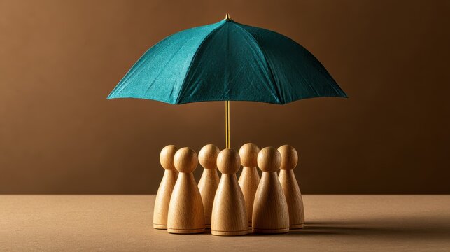 Wooden figurines stand together under a single teal umbrella, symbolizing protection, unity, and support against a brown background.