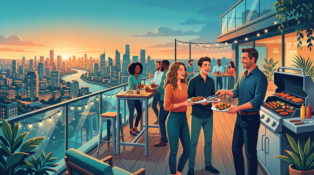 Corporate team outing on a rooftop barbecue