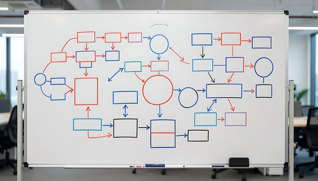 Whiteboard with complex flowchart diagrams, process mapping, and colorful arrows in a modern office