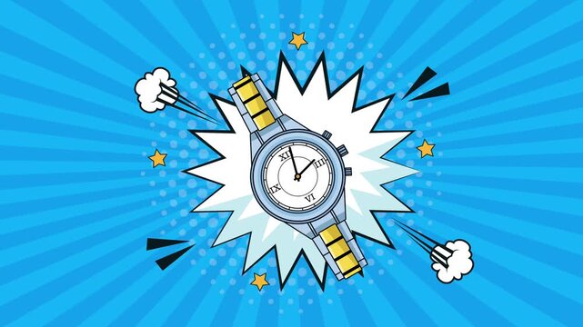 Animated vintage wristwatch pops out of comic book explosion on blue radial background.
