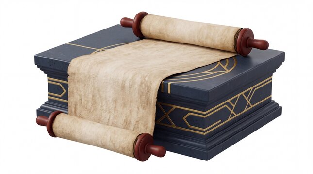 Ancient parchment scroll resting on an ornate stone pedestal