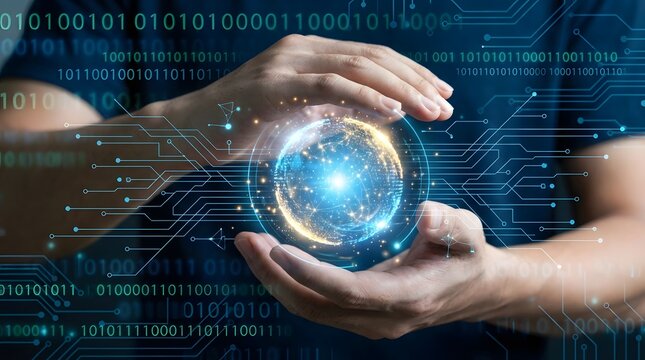 Hands holding glowing digital globe with binary code and network circuit data technology