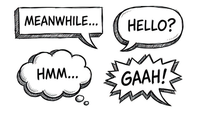 Comic speech bubbles hand drawn vector set, sketchy dialogue balloon illustrations with text isolated on Transparent Background