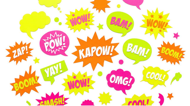 Comic speech bubbles, vibrant pop art design elements with sound effects text. Colorful retro cartoon speech bubble collection for graphic design isolated on Transparent Background