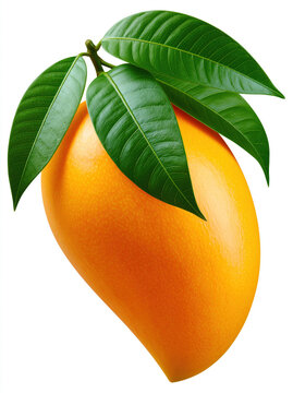 Mango fruit tropical fruit ripe fruit yellow fruit orange fruit leaf green leaf isolated white background fresh juicy organic healthy food vegan vegetarian natural sweet pulp skin stem branch
