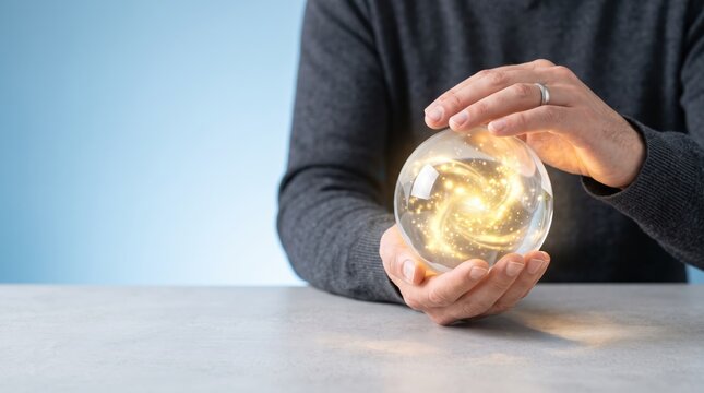 Close up shot of male hands gently holding a mystical glowing crystal ball containing a swirling golden galaxy nebula, symbolizing future prediction, magic, innovation