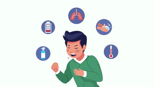 Young man experiencing respiratory illness symptoms motion graphics, surrounded by essential health care icons.